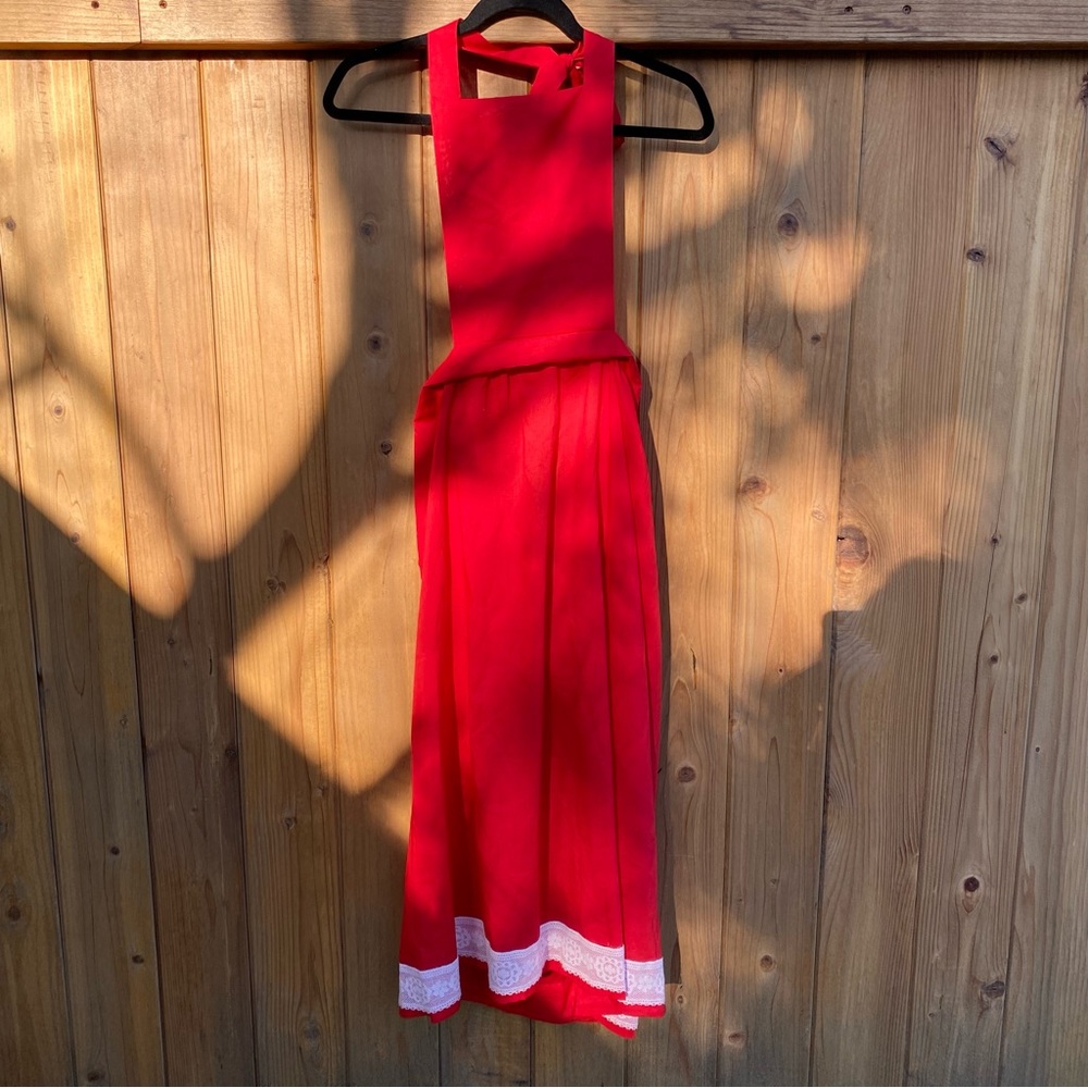 1970s Red Lace Trimmed Pinafore Dress